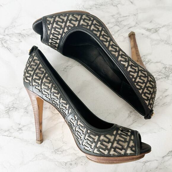 Tory Burch Regan Signature‎ Logo Wood Platform Peep Toe Heels Women’s Size 11 - Picture 6 of 14